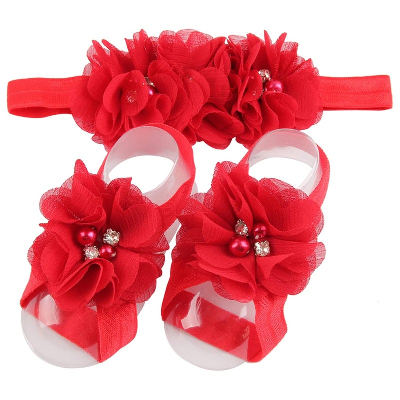 Ldcx Baby girls infant crochet butterfly headbands and knitted flower barefoot sandals.(BBFJ3) (Rd) - Image 1